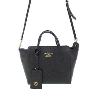 Gucci Swing Top Handle 2way Tote Shoulder Bag pebbled leather Black